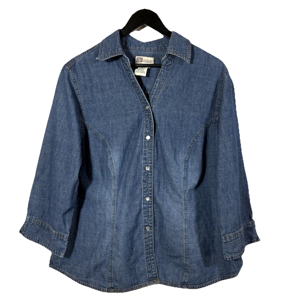 Denim Blouse 3/4 Sleeve Pearl Snaps Faded Glory 16 16W Blue Chambray Vintage
